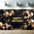 Sfondo di Buon Compleanno nero e oro con rose e palloncini per decorazione festa - Stile Rose Rosse e Nere (SBJ-009)