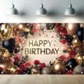 Elegante striscione di compleanno con rose rosse e palloncini dorati per feste - Stile Rosa Rossa e Nera (SBJ-005)