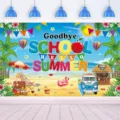 Kleurrijke "Goodbye School Hello Summer" strandachtergrond voor zomervakantiefeest. - Zomer Strand Achtergrond (SBJ-003) / 95x75cm