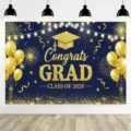 Navy blue and gold 2026 graduation party backdrop with balloons and fireworks decor - Class of 2026 Graduation Style (SBJ-008)