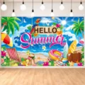 Hello Summer tropical beach party backdrop with palms and waves for vibrant home decor - Summer Beach Party Style (SBJ-003) / 95x75cm / Colorful