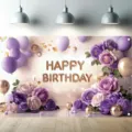 Lila Blumen-Geburtstags-Hintergrund Banner mit Ballons und goldenem Happy Birthday Text - Lila Floraler Stil (SBJ-004) / 95x75cm