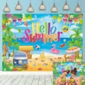 Vibrant Hello Summer tropical beach backdrop for party decoration with palm trees and sun. - Summer Beach Style (SBJ-004) / 95x75cm