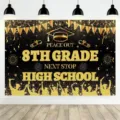 Black and gold 8th grade graduation party backdrop with glitter effects and stars - 8th Grade Graduation Style (SBJ-001) / 95x75cm Pack