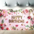 Rosa floraler Happy Birthday Hintergrund Banner mit goldenem 3D-Text für Partydekoration - Rosa Gold Floraler Stil (SBJ-001) / 95x75cm