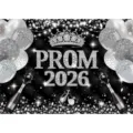 Ασημένιο φόντο PROM 2026 για πάρτι αποφοίτησης με διαμαντένια κορώνα και σαμπάνια - Στυλ PROM 2026 (SBJ-003) / 95x75cm
