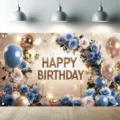 Geburtstagsbanner mit blau-weißen Rosen und goldenen Ballons für Partydekoration - Blau Gold Floraler Stil (SBJ-002) / 95x75cm