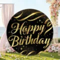 Round black and gold happy birthday backdrop cloth for party decoration photography prop. - Pattern Y-002 / 5FT (150cm Diameter)