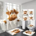 Juego de baño de 4 piezas con una linda vaca de las tierras altas en baño de burbujas - Cortina de Ducha Individual (YL-001) / 90x180cm