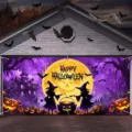 Grande bannière de garage Halloween avec sorcières, lune crâne et citrouilles déco - Chaudron de Sorcière et Citrouille de Lune (CK-003) / 150x100cm
