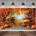 Sfondo autunnale del Ringraziamento con zucche e foglie di acero rosse per decorazioni - YD-BJB266