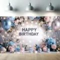 Festlicher blau-rosa Blumen-Geburtstagshintergrund mit silbernen Ballons als Partybanner - Blau Rosa Floraler Stil (SBJ-003) / 95x75cm