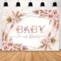 Baby in bloom floral backdrop with pink roses and pampas grass for baby shower events - SBJ-003 / 95x75cm