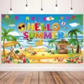 Sfondo vibrante per festa in spiaggia tropicale con testo Hello Summer per decorazioni - SBJ-005 / 95x75cm
