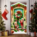 Festive Christmas door banner with cartoon elves decorating a wreath pattern for decor. - 90x180cm / Three Cartoon Elves
