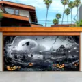 Μεγάλο πανό γκαράζ για το Halloween με μάγισσα, στοιχειωμένο σπίτι και κολοκύθες - Μάγισσα που πετάει πάνω από το φεγγάρι (CK-006) / 150x100cm
