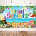 Vivace sfondo fotografico Hello Summer spiaggia tropicale con tavole da surf e palme - SBJ-006 / 95x75cm