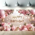 Sfondo fotografico di buon compleanno con rose rosa e palloncini d'oro per donna - Stile Floreale Oro Rosa (SBJ-006)