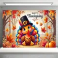 Sfondo del Ringraziamento con tacchino carino, zucche e foglie d'acero autunnali - SBJ-003 / 95x75cm