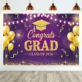 Purple and gold graduation party backdrop with Congrats Grad and Class of 2026 text - Class of 2026 Graduation Style (SBJ-006)