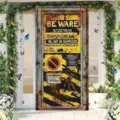 Scary Halloween door cover banner with rusty zombie warning sign and caution stripes - 90x180cm / Zombie Zone Style (ML-003)