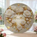 Elegante ronde bruiloft achtergrond met 3D rozen en gouden Mr & Mrs tekst - Roos Hart Stijl (Y-001) / 150cm Diameter