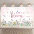 Wildflower baby shower backdrop decoration with Baby in Bloom text and watercolor butterflies - SBJ-007