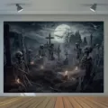 Halloween backdrop spooky graveyard skeleton full moon wall hanging party decor fabric banner - Graveyard Skull Print (SBJ-006) / 95x75cm