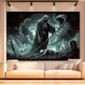 Halloween grim reaper tapestry dark graveyard wall hanging gothic room decor spooky backdrop - Grim Reaper and Graveyard Pattern (SBJ-008) / 95x75cm