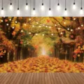 Sfondo fotografico foresta autunnale con foglie di acero e calde luci a LED - Stile Sentiero del Bosco Autunnale (SBJ-011)