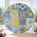 Ronde bruiloft achtergrond met blauw en geel mediterraan tegelpatroon - Mediterrane Tegelstijl (Y-007)