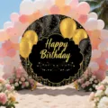 Round birthday backdrop photography background with black and gold balloons for party decor. - Pattern Y-011 / 5FT (150cm Diameter)