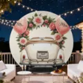 Ronde bruiloft achtergrond met vintage auto en roze rozen voor feestelijke fotoshoots - Vintage Trouwauto Stijl (Y-008)