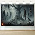 Halloween scary skeleton backdrop spooky tree wall hanging party haunted house decor - Dark Dead Trees Hanging Skull (SBJ-012) / 95x75cm