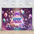 Fondo de fiesta cumpleaños K-Pop violeta con corona estrellas y globos festivos - Estilo SBJ-003 / 95x75cm