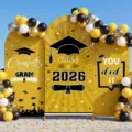 Gran juego de fondo de arco de graduacion con globos dorados y negros para fiesta 2026 - Estilo Negro Dorado (SGX-001) / Juego de 3 piezas (65x150cm + 80x180cm + 50x120cm) / Poliéster - Vino Tinto