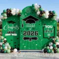 Gran juego de fondo de arco de graduación con paneles verdes globos y decoración de fiesta 2026. - Estilo Verde Blanco Negro (SGX-002) / Juego de 3 piezas (65x150cm + 80x180cm + 50x120cm) / Poliéster Verde