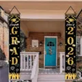 Black and gold graduation porch banners featuring 'Class of 2026' and 'Congrats GRAD' design - Black Gold Graduation Style (SDL-002) / 30x150cm