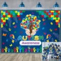 Autism Awareness backdrop with colorful puzzle tree and handprints for event decoration - SBJ-001 / 95x75cm / Colorful