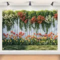 Sfondo fotografico giardino con staccionata bianca e tulipani colorati per feste - Fiori della staccionata della foresta (SBJ-004) / 95x75cm