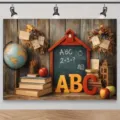 Vintage φόντο φωτογραφίας Back to School με βιβλία, υδρόγειο σφαίρα και κύβους ABC - Θέμα Σχολείου (SBJ-003) / 95x75cm