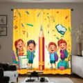 Vibrant yellow cartoon school theme curtain featuring pencils and happy children for kids bedroom - Back To School Yellow Style (CL-004) / 2 Panels (55x150cm)