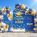 Conjunto de fondo de arco para fiesta de graduación con globos azul oro y 2026. - Estilo Azul Dorado Blanco (SGX-003) / Juego de 3 piezas (65x150cm + 80x180cm + 50x120cm) / Poliéster - Azul Oscuro