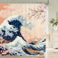 Japanischer Duschvorhang mit Großer Welle und Kirschblüten aus hochwertigem Polyester - Einzelner Duschvorhang 90x180cm / Rosa und Weiße Kirschblütenwelle (YL-005)