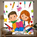 Colorful cartoon curtains with back-to-school pencil and book print for kids' bedroom - Stationery Illustration Style (CL-002) / 2 Panels (55x150cm)