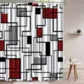 Moderner geometrischer Duschvorhang mit abstraktem Blockmuster in Rot und Schwarz - Einzelner Duschvorhang 90x180cm / Rote Schwarze Graue Weiße Geometrische Blöcke (YL-006)