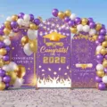 Grosse Abschluss Bogen Hintergrund Banner mit lila goldenen Ballons Party Deko Set - Lila Schwarz Gold Weiß Stil (SGX-005)