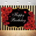 Schwarz-gold gestreifter Geburtstagshintergrund mit roten Rosen und Happy Birthday - SBJ-006 / 95x75cm