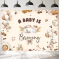 Φόντο φωτογραφίας baby shower με θέμα vintage καφέ και αρκουδάκι με κείμενο brewing. - Vintage Στυλ Αρκουδάκι Καφέ (SBJ-006) / 95x75cm