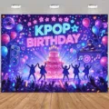 Fondo de fiesta de cumpleaños temática de música K-POP con pastel de neón y elementos de DJ - Fondo de Fiesta K-POP (SBJ-006) / 95x75cm / Azul Violeta